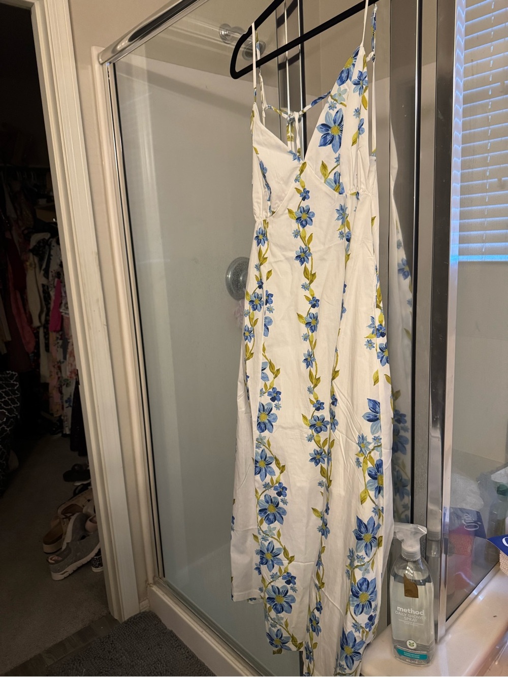 White Floral Spaghetti-Strap Maxi Dress with Blue Flowers Hyfve L